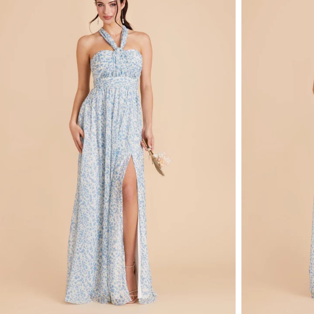 Blue Floral Halter Maxi Dress with Side Slit